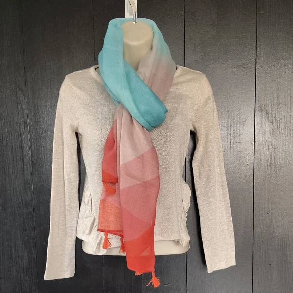 🌇 Mary Kay Large Scarf Shawl Wrap. Orange and Aqua. - Picture 2 of 14